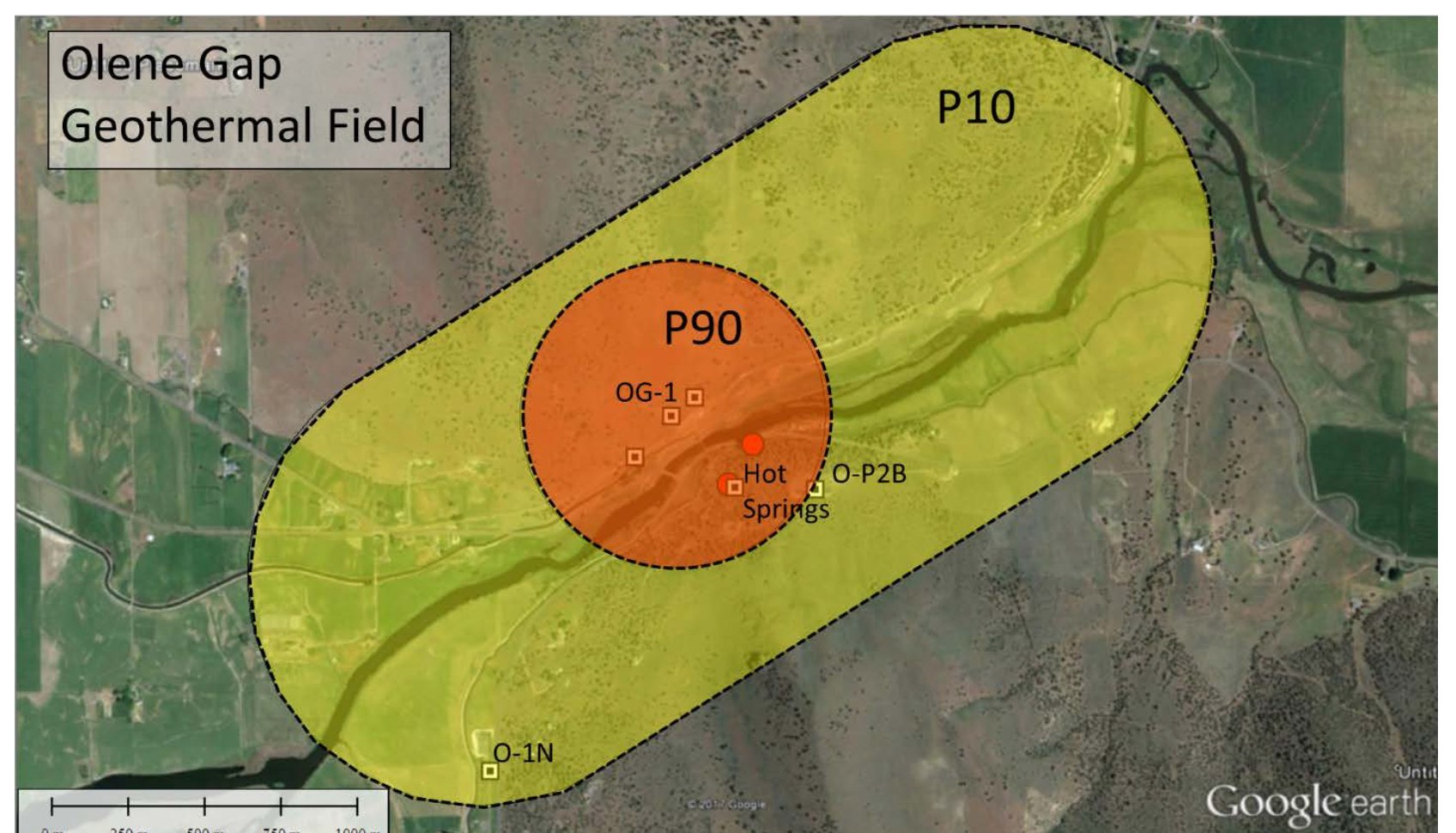 P10 and P90 probabilistic Olene Gap geothermal resource areas