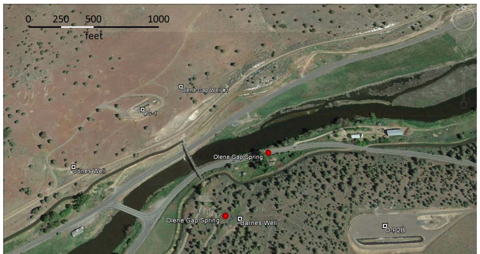 Aerial map of wells and hot springs at Olene Gap